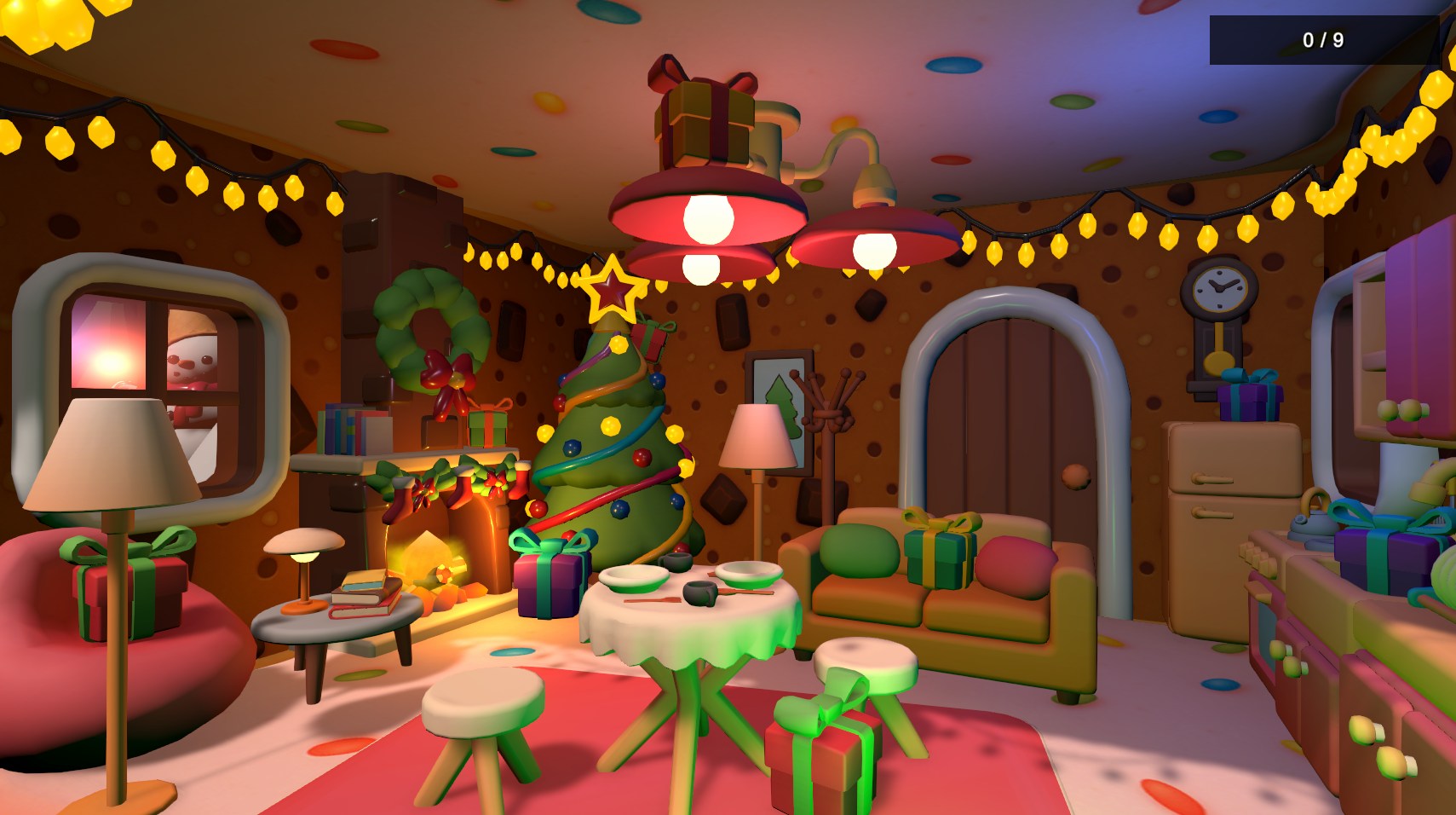 Christmas Hidden Hunt scene with presents hidden around a decorated room