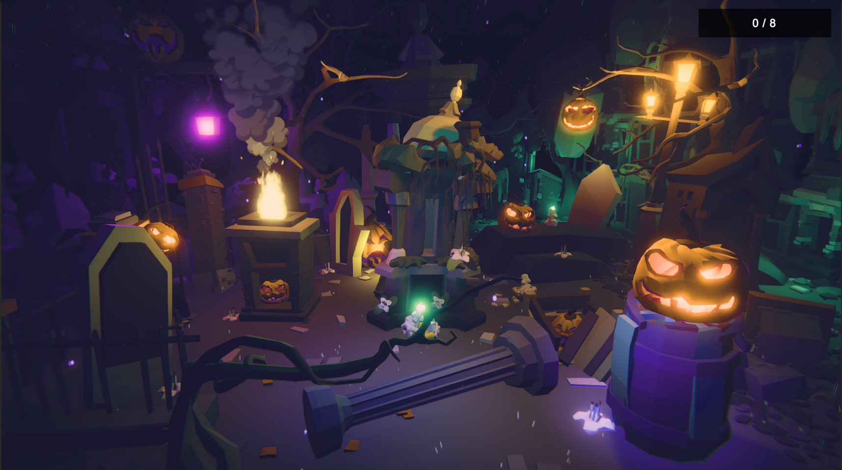 Halloween Hidden Hunt installation in a dark stylized graveyard